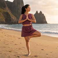 Isha Yoga Pants (Skort) and Top in Rose Pink 100% Cotton V-neck sleeveless vest and skort with half elasticed waistband