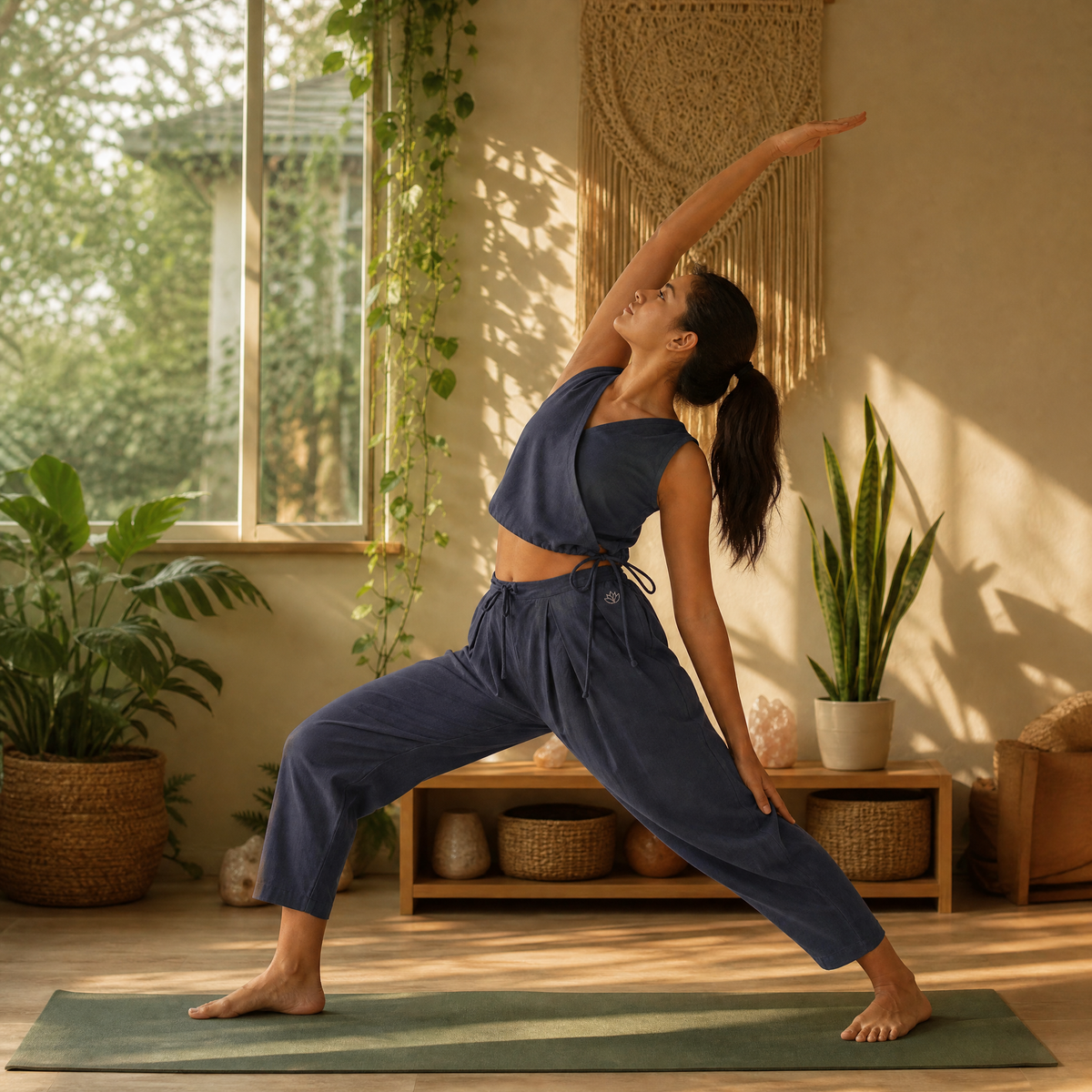 Sama Yoga Set of 2 (Top & Pants) 100% Cotton Sleeveless V Neck Short Top with Side Tie and mid waist pants Elasticised back tapered fit with box pleats- In Celtic Blue — view 9