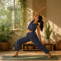 Sama Yoga Set of 2 (Top & Pants) 100% Cotton Sleeveless V Neck Short Top with Side Tie and mid waist pants Elasticised back tapered fit with box pleats- In Celtic Blue