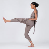 Surya Yoga Pants 100% Cotton Dhoti Pants Mid Waist Elasticised Back Tapered Fit with Buttons to Cinch at The Calf - Muted Plum