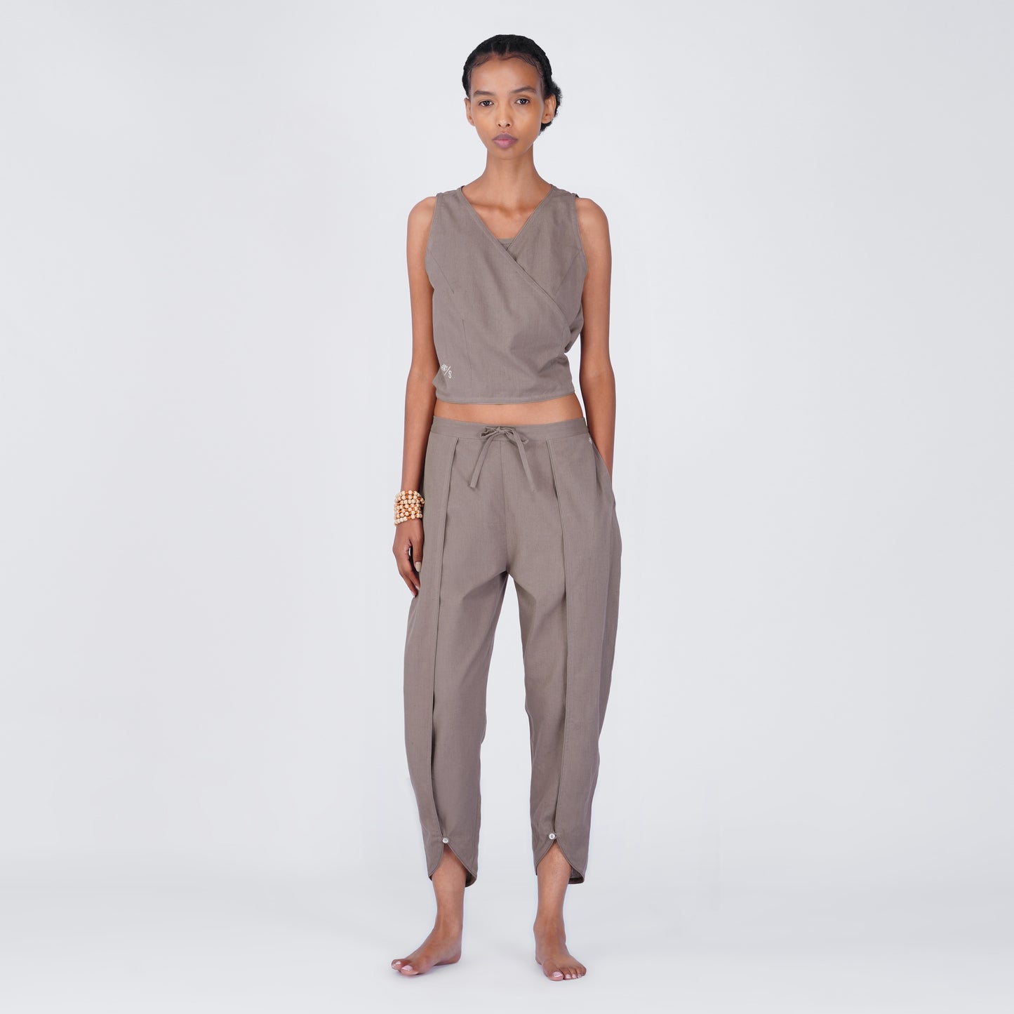 Dhara Yoga Set of 2 (Top & Pants) 100% Cotton Sleeveless V Neck Short Top with Waist Tie Straight fit Pants with tapered leg and elasticised waist band for Comfortable Fit in Muted Plum