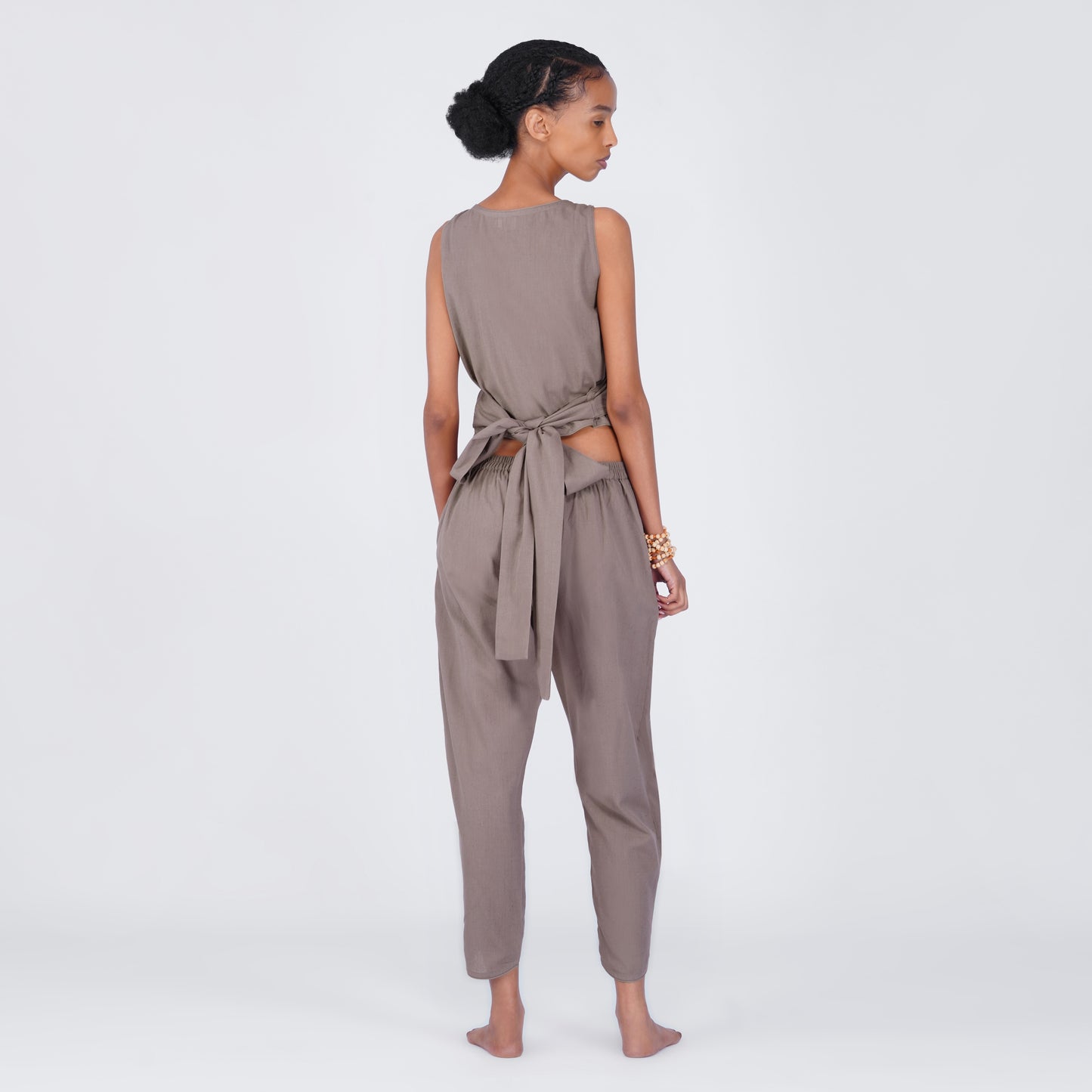 Dhara Yoga Set of 2 (Top & Pants) 100% Cotton Sleeveless V Neck Short Top with Waist Tie Straight fit Pants with tapered leg and elasticised waist band for Comfortable Fit in Muted Plum