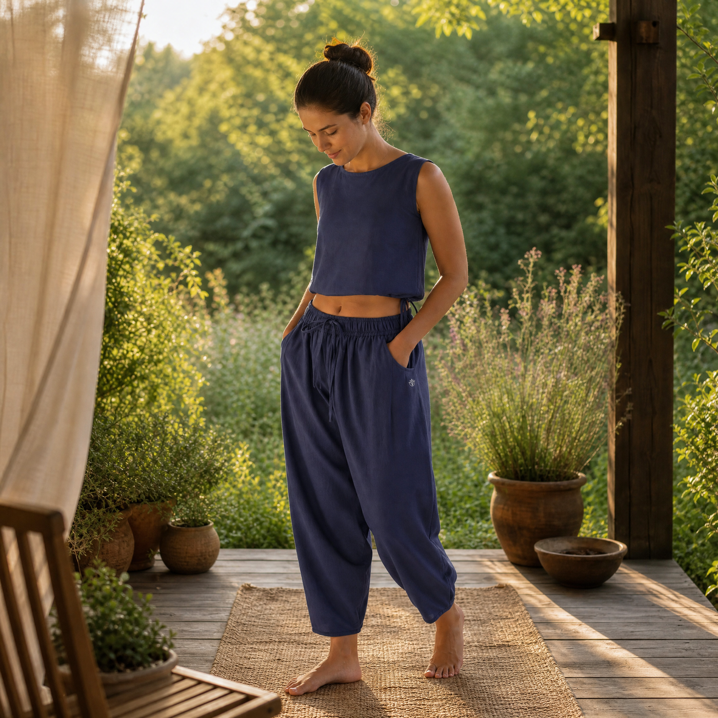 Sukha Yoga Set of 2 (Top & Pants) in 100% Cotton Sleeveless Round Neck Crop Top with Side Tie with baggy fit pants for comfort - Celtic Blue — view 9