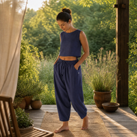 Sukha Yoga Set of 2 (Top & Pants) in 100% Cotton Sleeveless Round Neck Crop Top with Side Tie with baggy fit pants for comfort - Celtic Blue