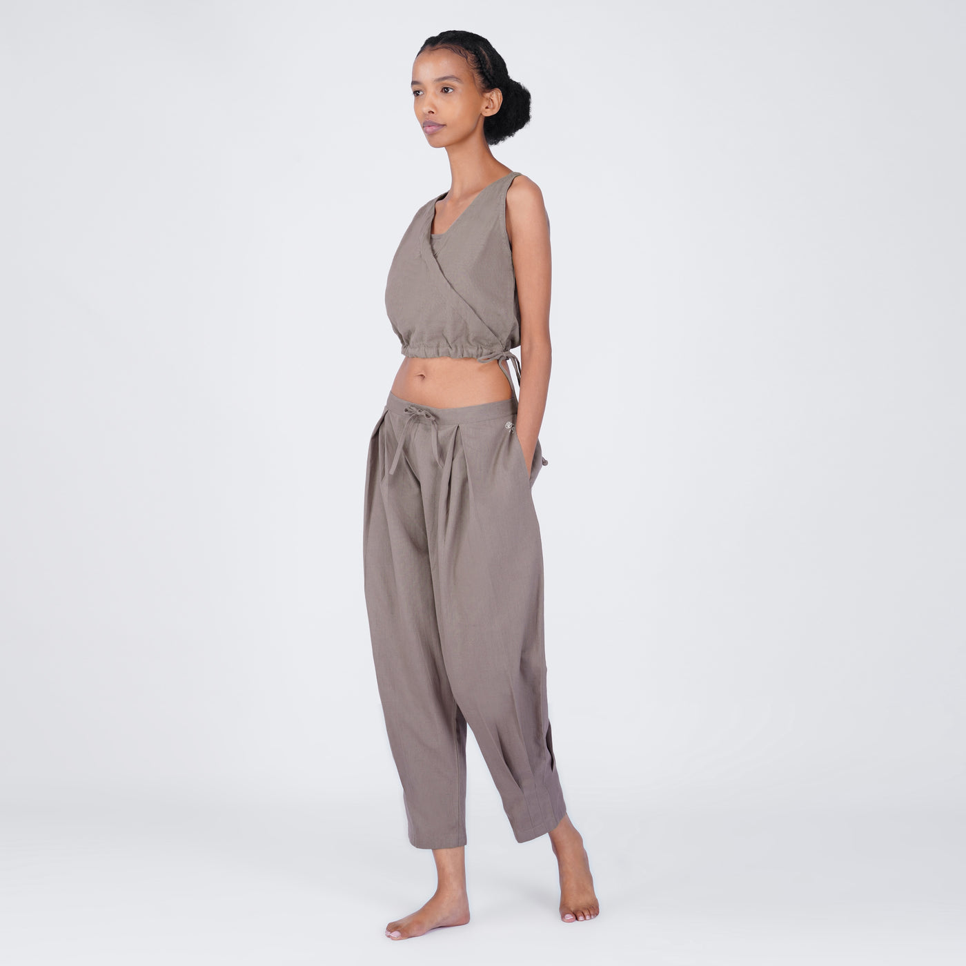 Sama Yoga Set of 2 (Top & Pants) 100% Cotton Sleeveless V Neck Short Top with Side Tie and mid waist pants Elasticised back tapered fit with box pleats- In muted plum — view 1