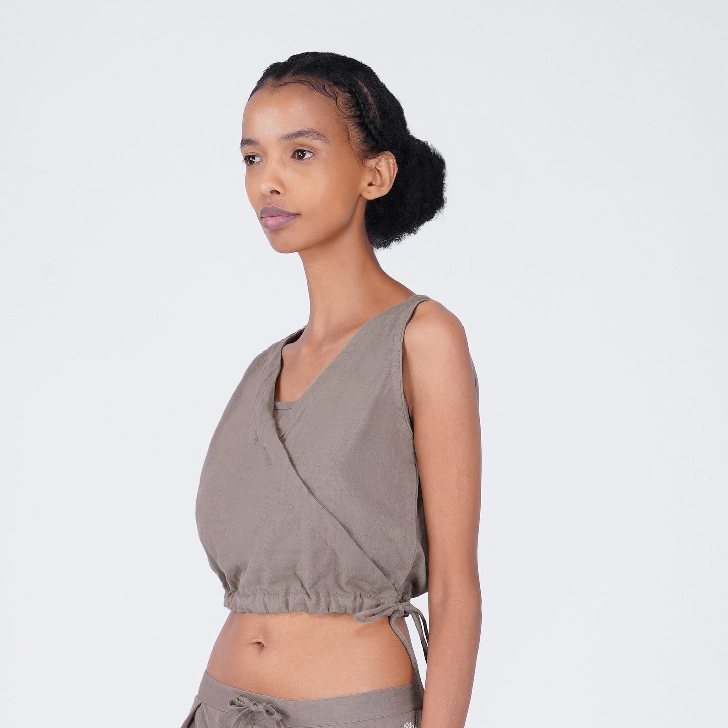 Sama Yoga Top 100% Cotton Sleeveless V Neck Short Top with Side Tie for Comfortable Fit - Muted Plum