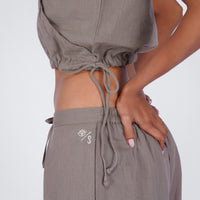 Sama Yoga Set of 2 (Top & Pants) 100% Cotton Sleeveless V Neck Short Top with Side Tie and mid waist pants Elasticised back tapered fit with box pleats- In muted plum