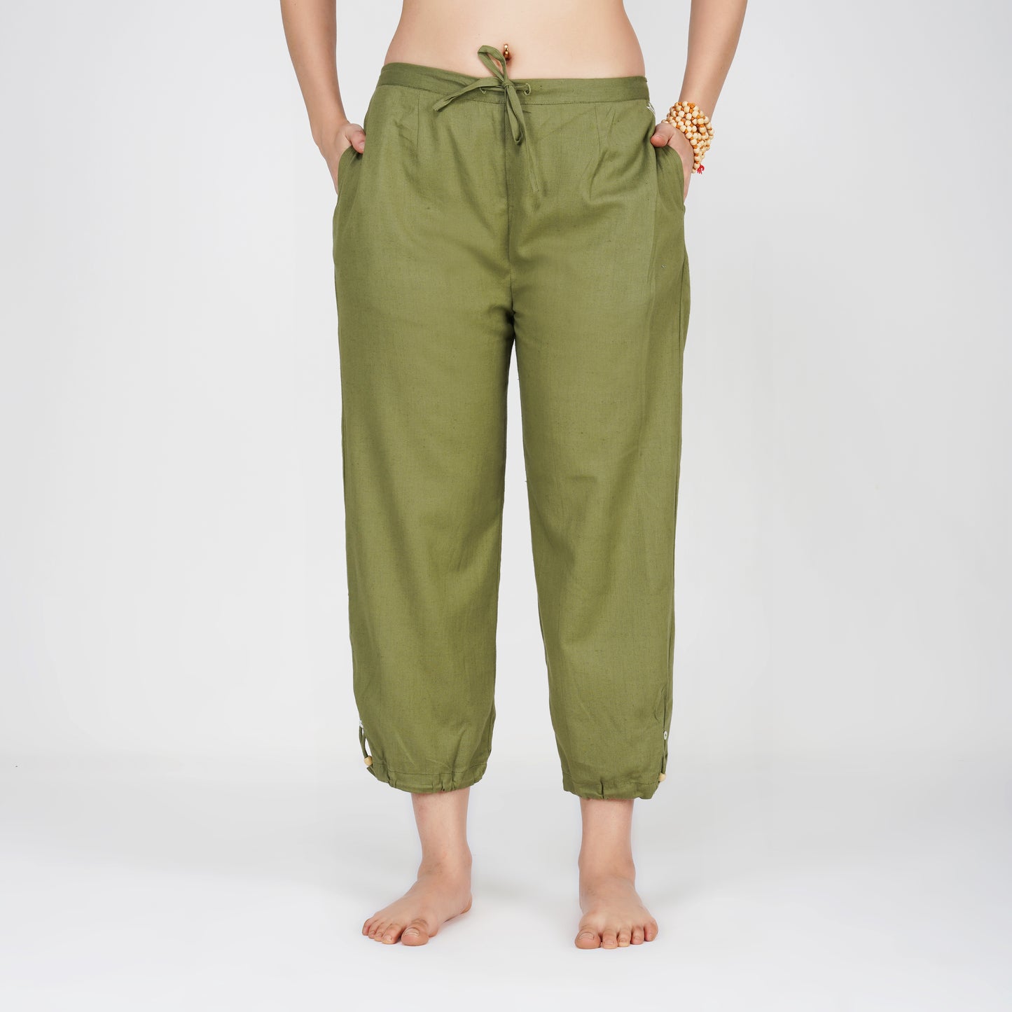 Women Cotton Yoga Pants with string pull Green -Ananda