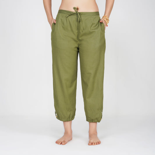 Women Cotton Yoga Pants with string pull Green -Ananda