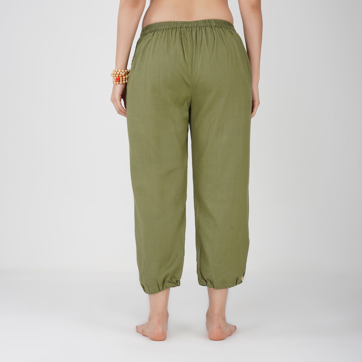 Women Cotton Yoga Pants with string pull Green -Ananda