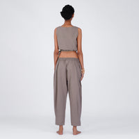 Sama Yoga Set of 2 (Top & Pants) 100% Cotton Sleeveless V Neck Short Top with Side Tie and mid waist pants Elasticised back tapered fit with box pleats- In muted plum