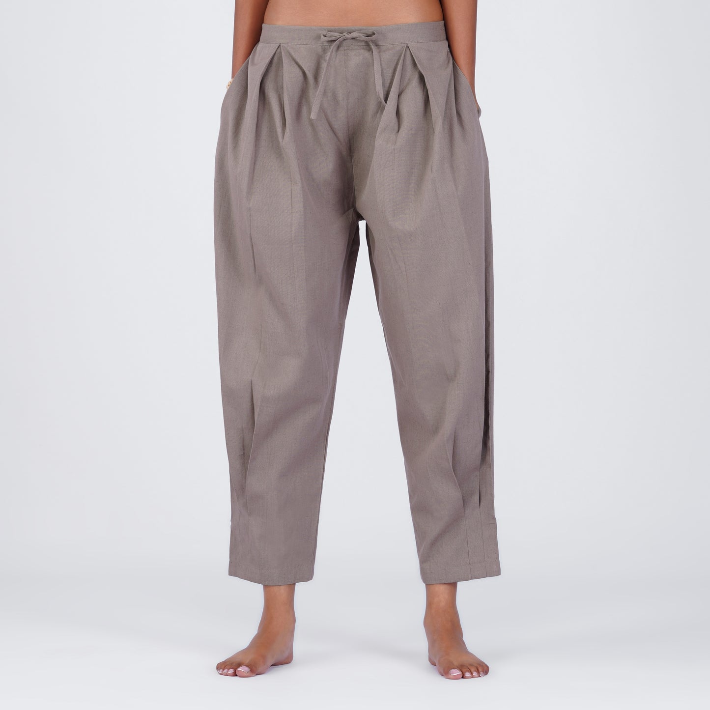 Tara Yoga Pants 100% Cotton Mid Waist Pants Elasticised Back Tapered Fit with box pleats - Muted Plum
