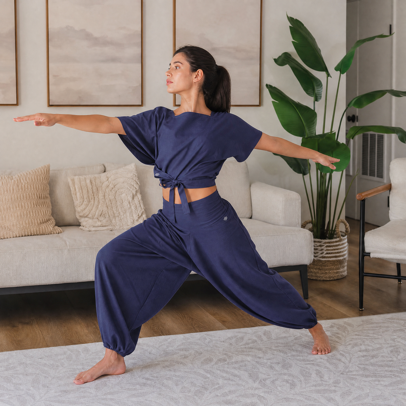 Shwet Women 100% Cotton Zero Waste Cotton Yoga Harem Pants and Yoga Top Set - In Celtic Blue — view 10