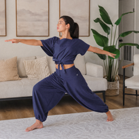 Shwet Women 100% Cotton Zero Waste Cotton Yoga Harem Pants and Yoga Top Set - In Celtic Blue