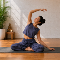 Sukha Yoga Set of 2 (Top & Pants) in 100% Cotton Sleeveless Round Neck Crop Top with Side Tie with baggy fit pants for comfort - Celtic Blue