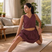 Isha Yoga Pants (Skort) and Top in Rose Pink 100% Cotton V-neck sleeveless vest and skort with half elasticed waistband