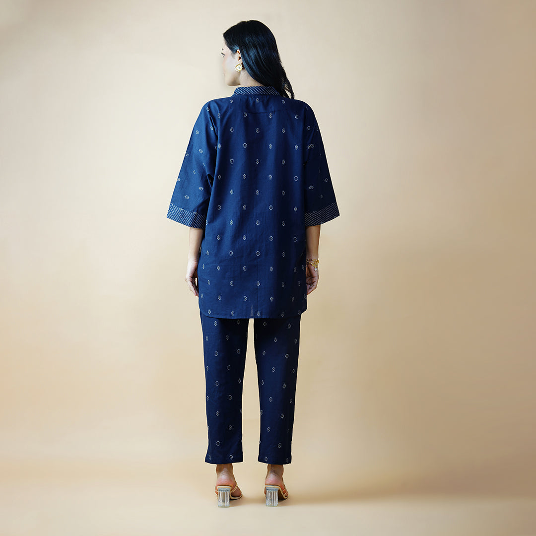 Navy Blue Oversized Shirt with Straight Pants (Set of 2)