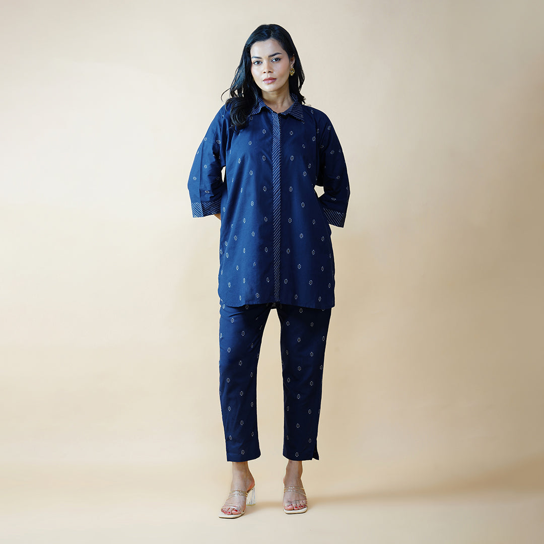 Navy Blue Oversized Shirt with Straight Pants (Set of 2)