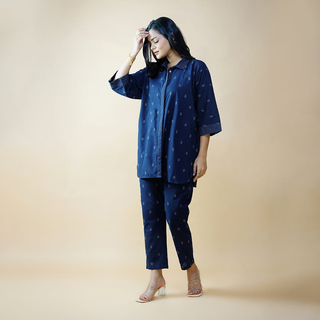 Navy Blue Oversized Shirt with Straight Pants (Set of 2)