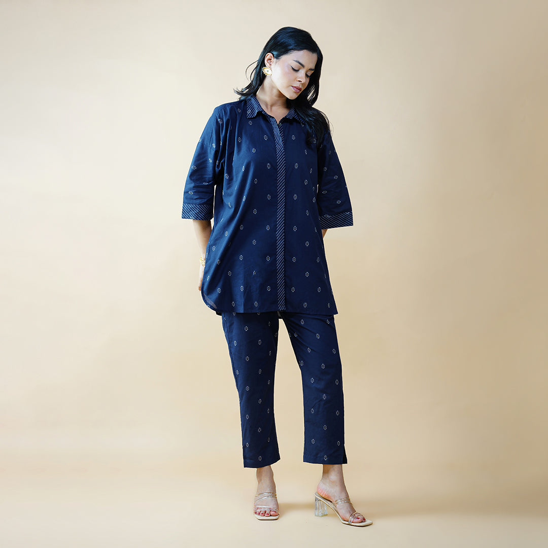 Navy Blue Oversized Shirt with Straight Pants (Set of 2)