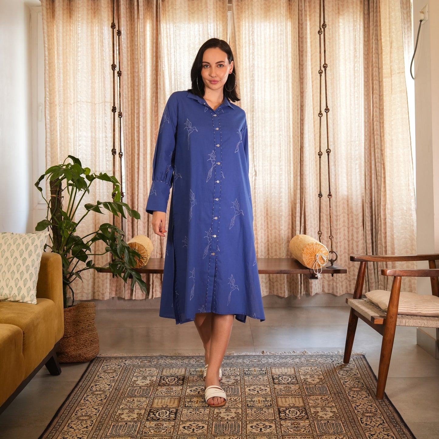 Royal Blue Hand Block Printed Midi Shirt Dress