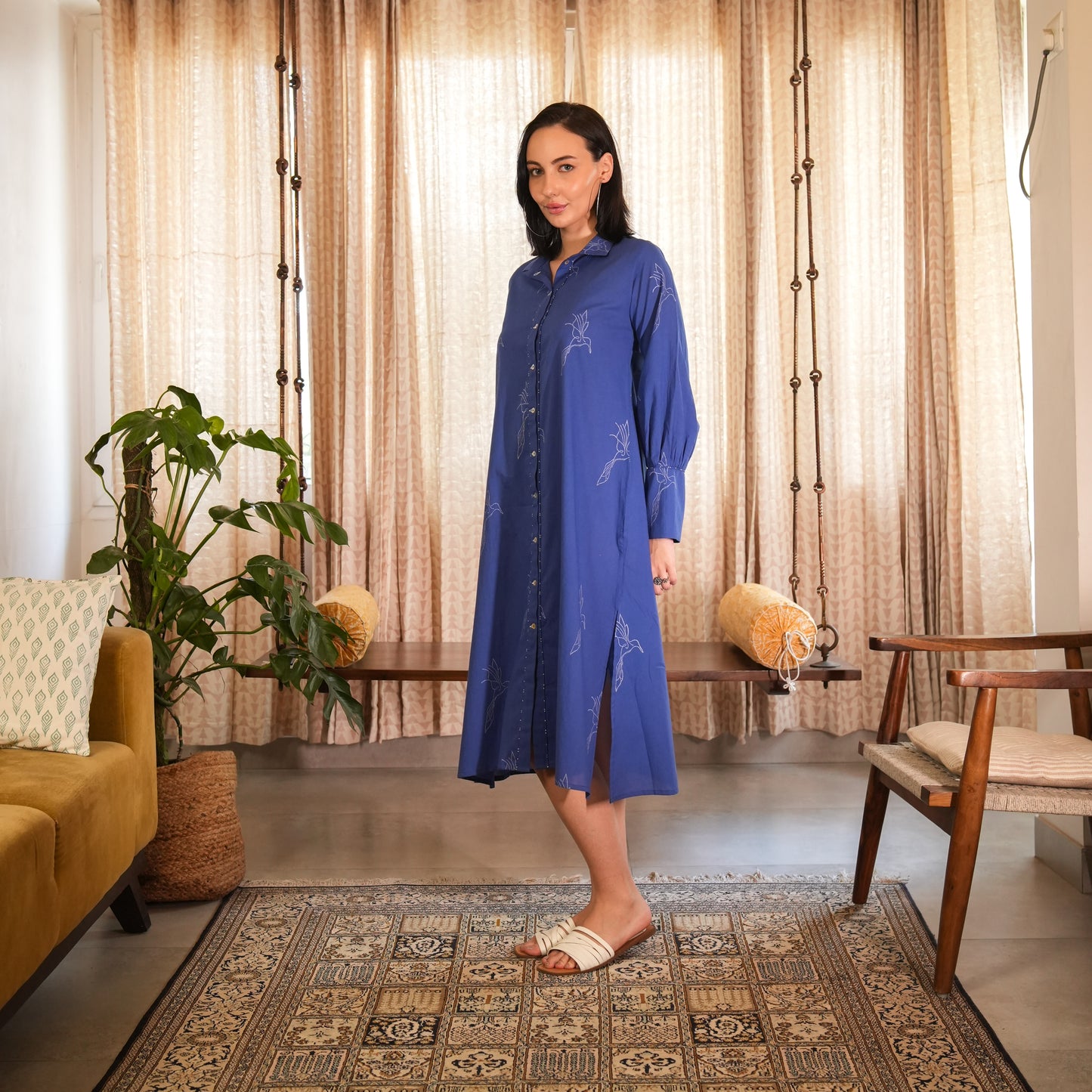 Royal Blue Hand Block Printed Midi Shirt Dress