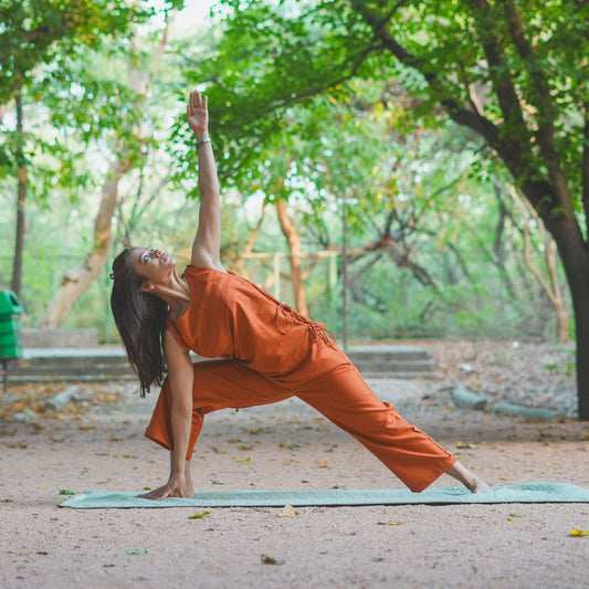 Sthira Yoga Set of 2 (Top & Pants) 100% Cotton Sleeveless Long Top with Side Ties Mid waist Straight Pants with button to cinch at ankle for Comfortable Fit in Sienna