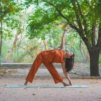 Sthira Yoga Set of 2 (Top & Pants) 100% Cotton Sleeveless Long Top with Side Ties Mid waist Straight Pants with button to cinch at ankle for Comfortable Fit in Sienna