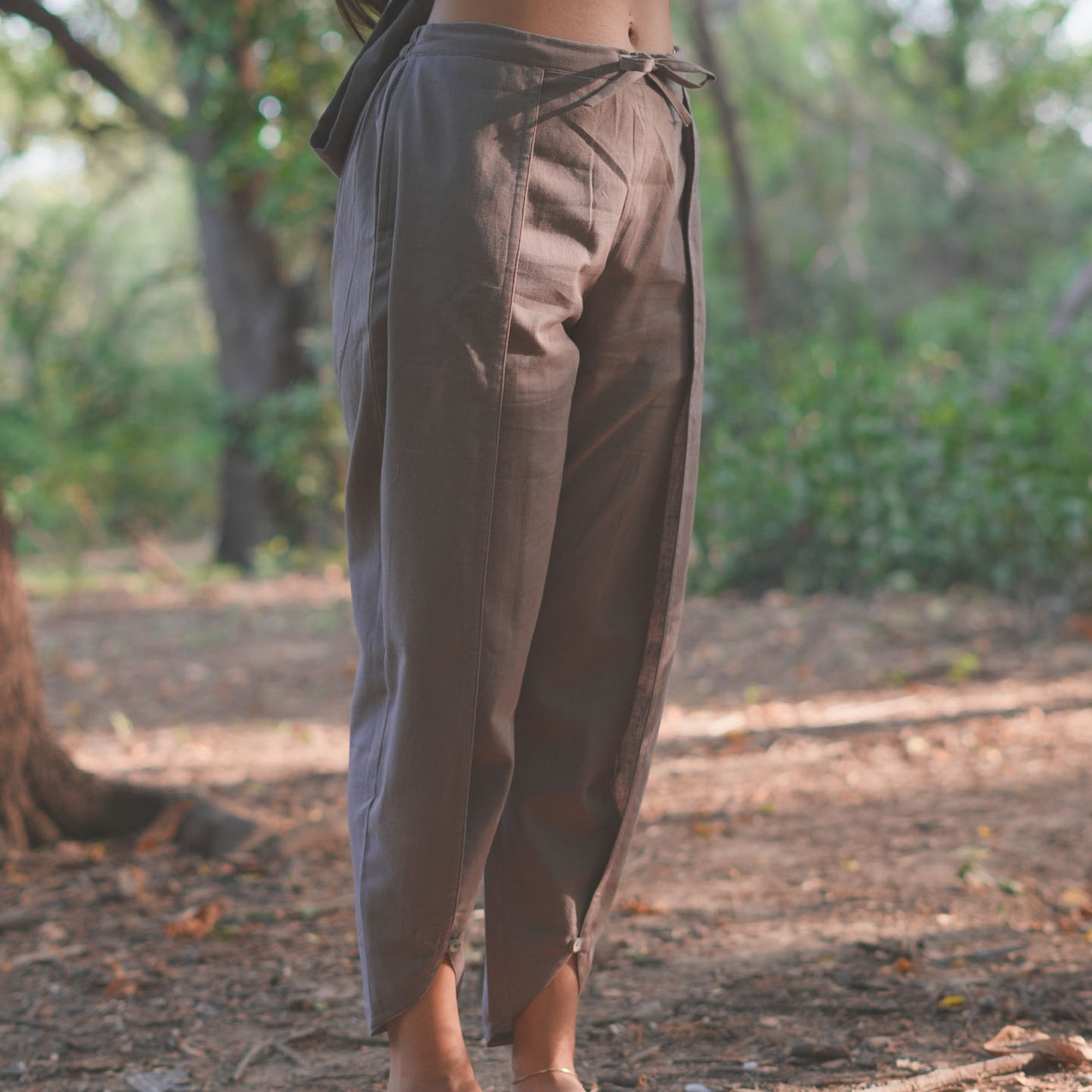 Surya Yoga Pants 100% Cotton Dhoti Pants Mid Waist Elasticised Back Tapered Fit with Buttons to Cinch at The Calf - Muted Plum — view 4