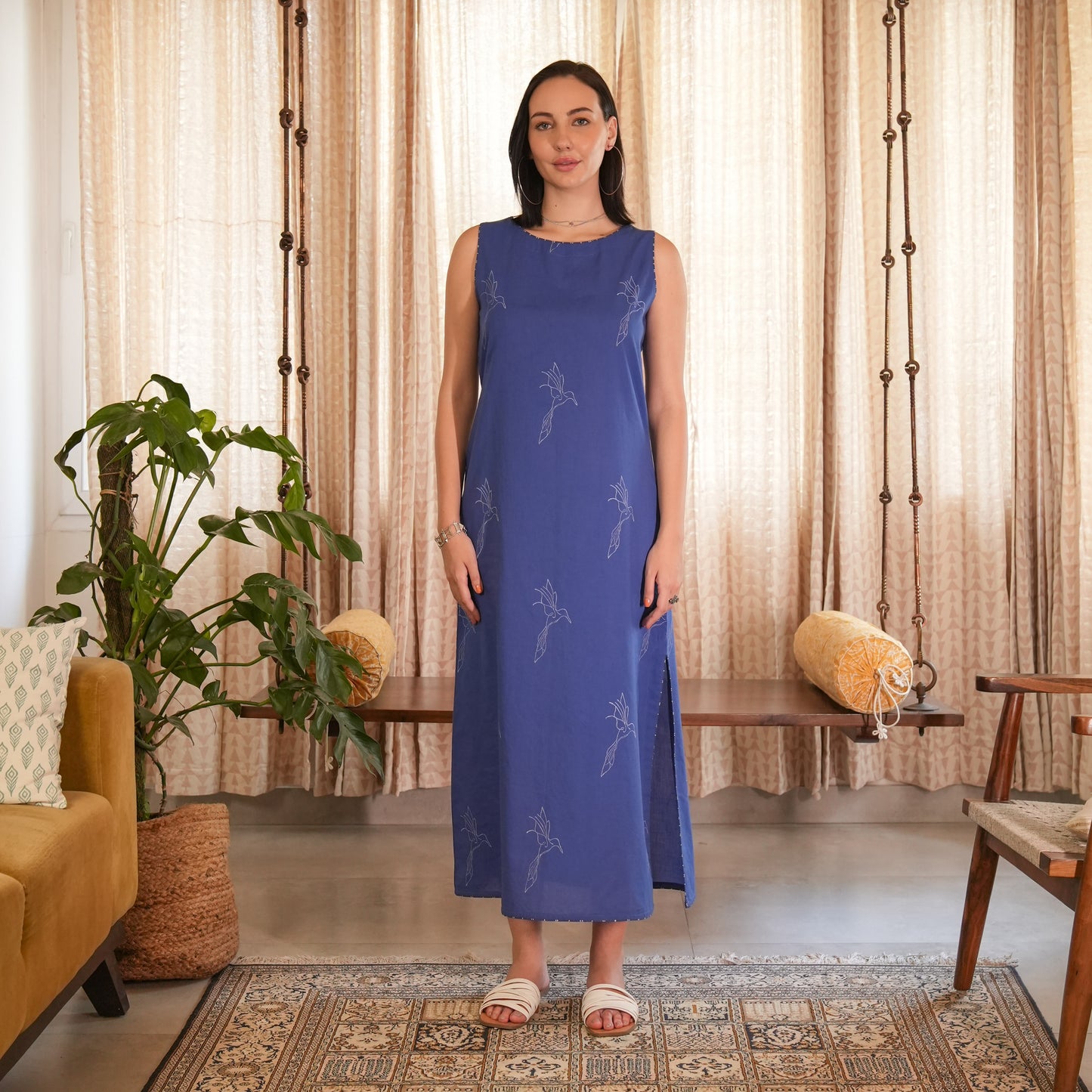 Royal Blue Hand Block Printed Long Dress with Side Slits