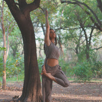 Surya Yoga Pants 100% Cotton Dhoti Pants Mid Waist Elasticised Back Tapered Fit with Buttons to Cinch at The Calf - Muted Plum
