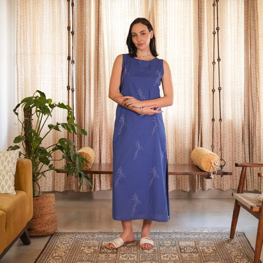 Royal Blue Hand Block Printed Long Dress with Side Slits