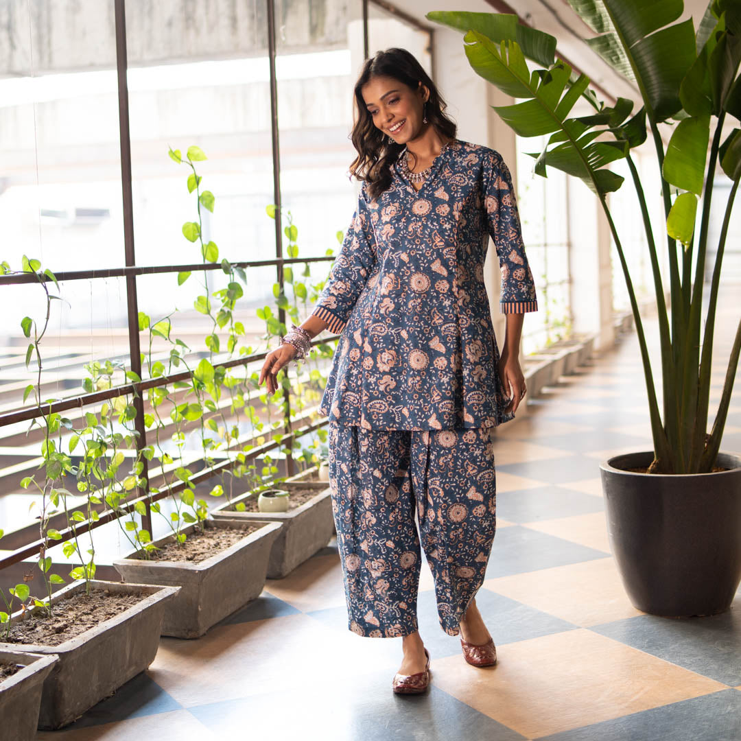 Blue Block Printed Short Flared Short Kurta