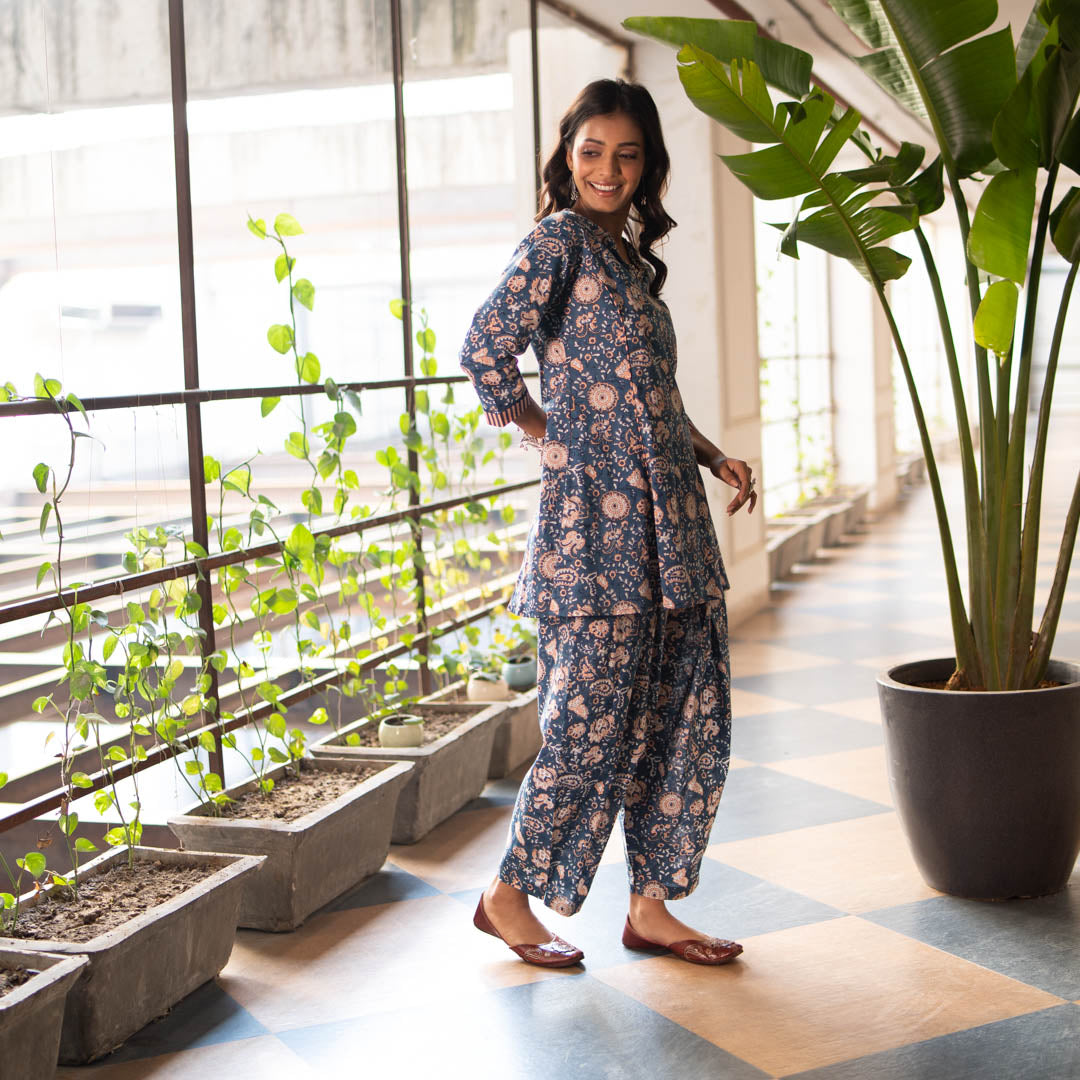 Blue Block Printed Short Flared Short Kurta