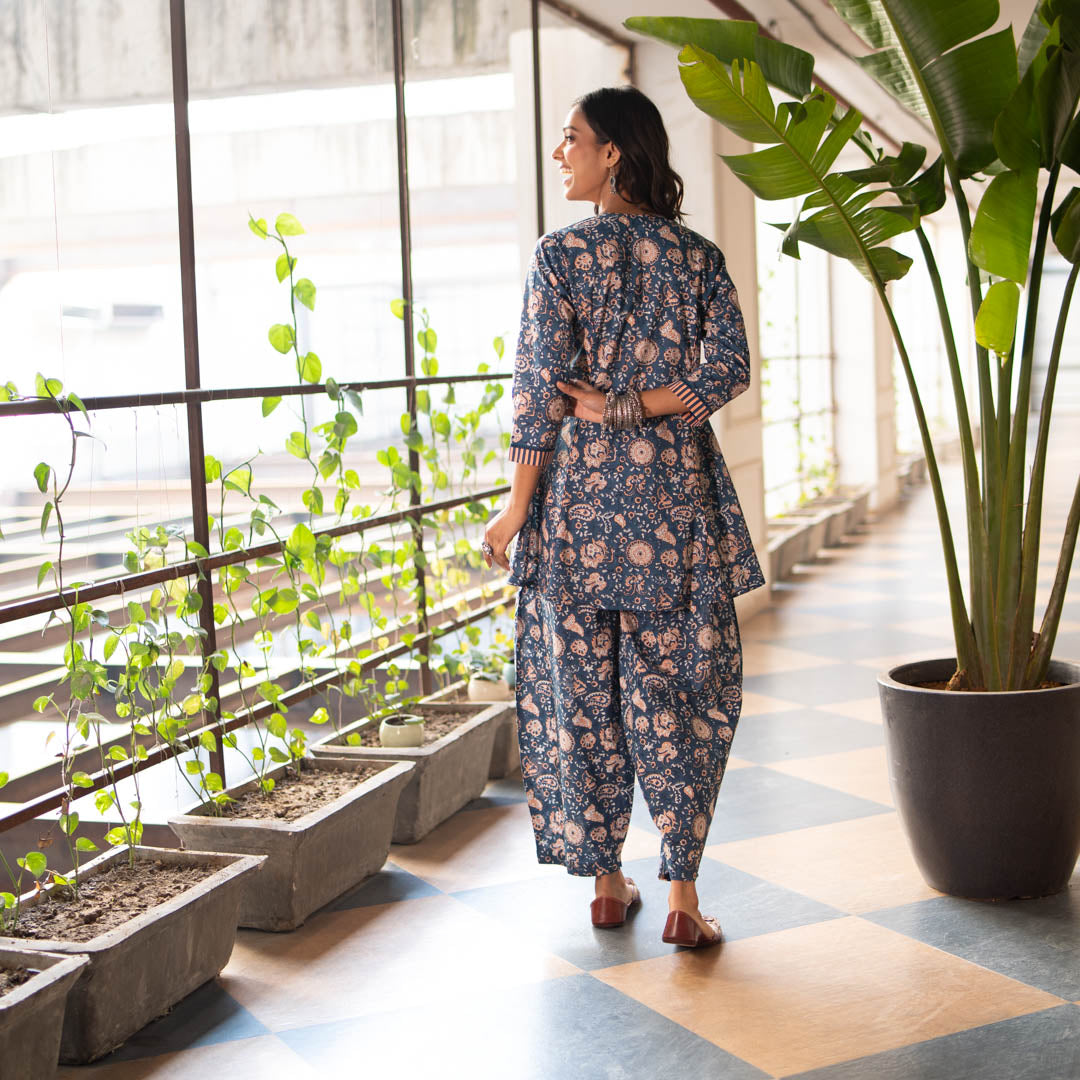 Blue Block Printed Short Flared Short Kurta