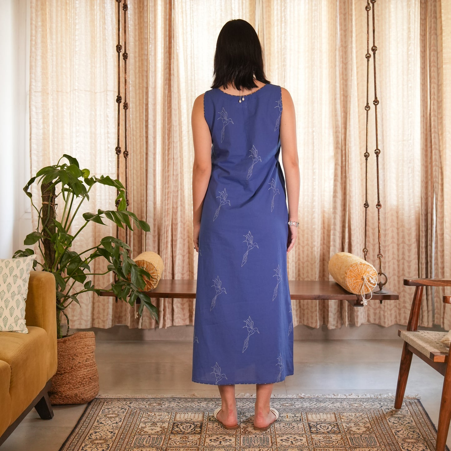 Royal Blue Hand Block Printed Long Dress with Side Slits