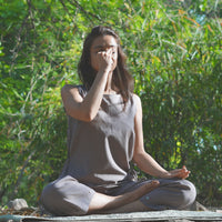 Sthira Yoga Set of 2 (Top & Pants) 100% Cotton Sleeveless Long Top with Side Ties Mid waist Straight Pants with button to cinch at ankle for Comfortable Fit in Muted Plum