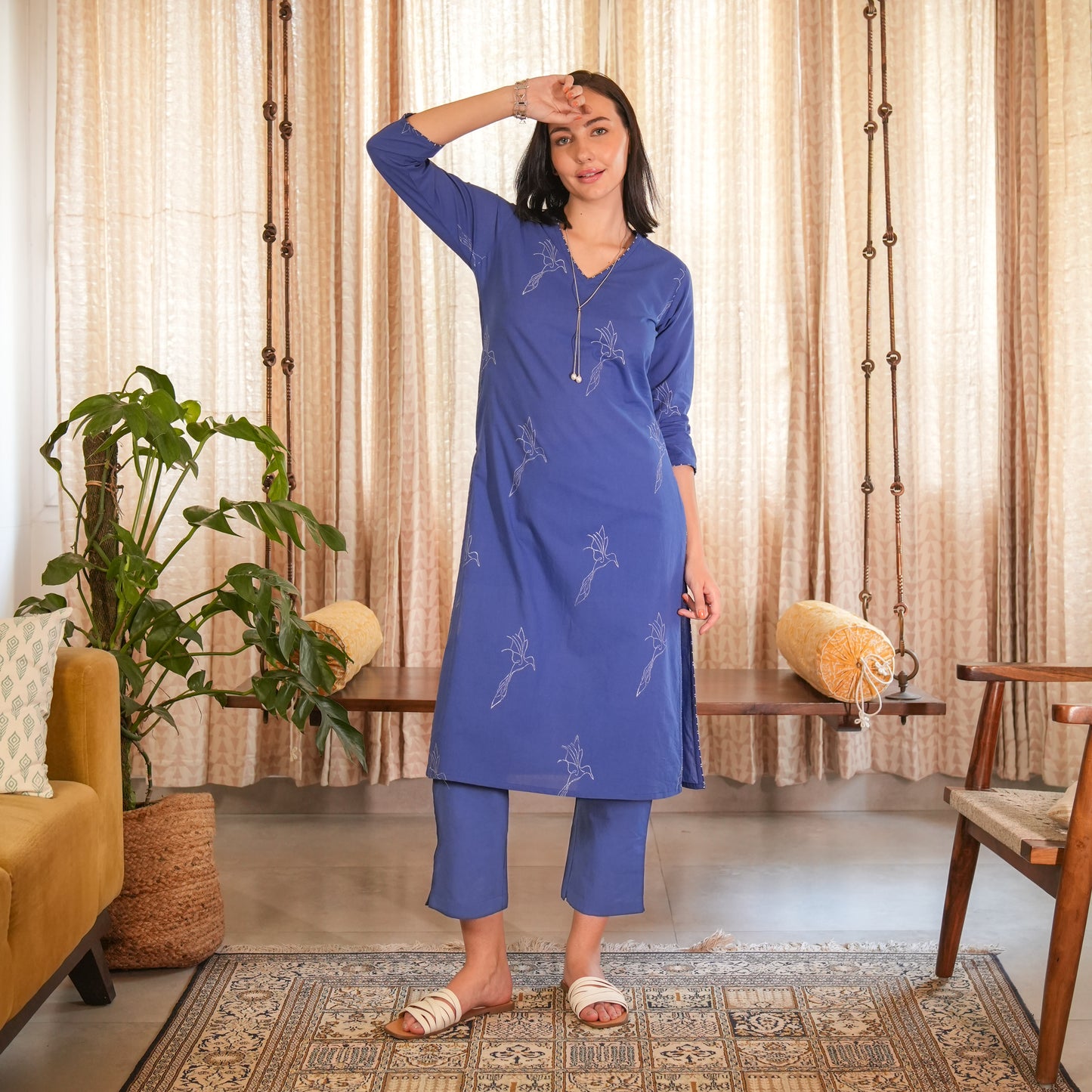 Royal Blue Bird Hand Block Printed Straight Kurta