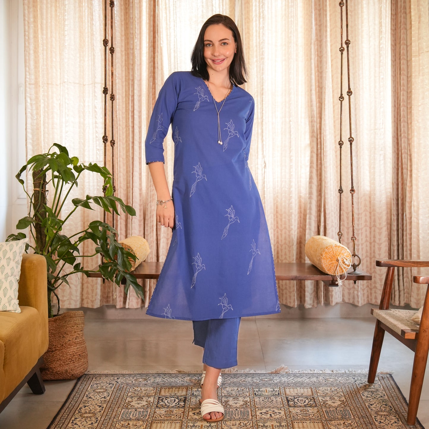 Royal Blue Bird Hand Block Printed Straight Kurta