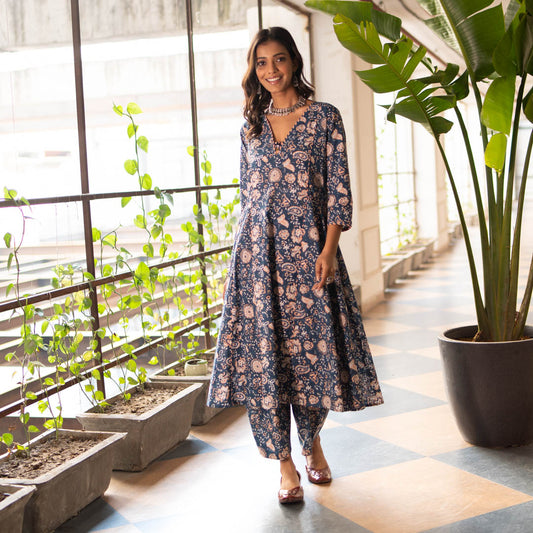 Blue Block Printed Anarkali Kurta With Hand Embroidery Details