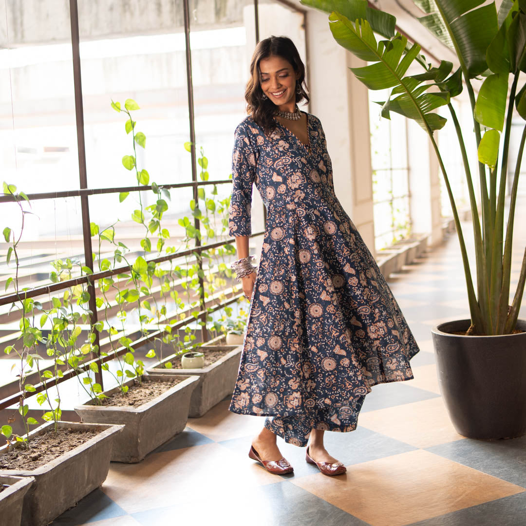 Blue Block Printed Anarkali Kurta With Hand Embroidery Details