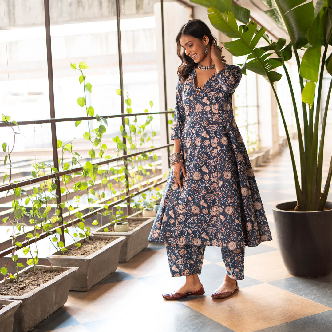 Blue Block Printed Anarkali Kurta With Hand Embroidery Details