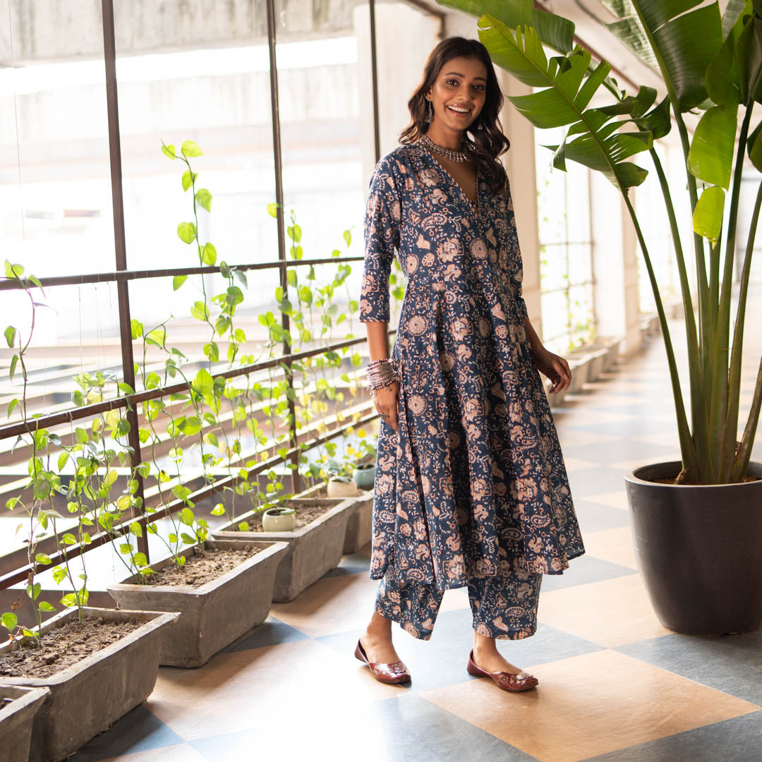 Blue Block Printed Anarkali Kurta With Hand Embroidery Details