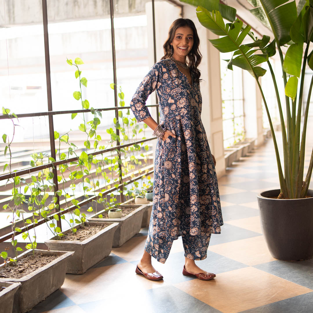 Blue Block Printed Anarkali Kurta With Hand Embroidery Details