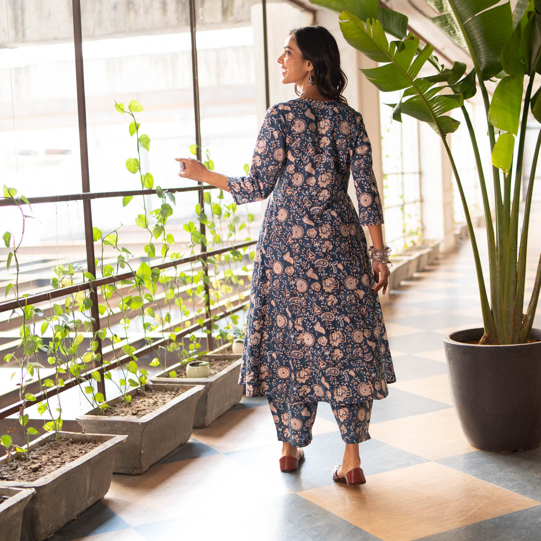 Blue Block Printed Anarkali Kurta With Hand Embroidery Details