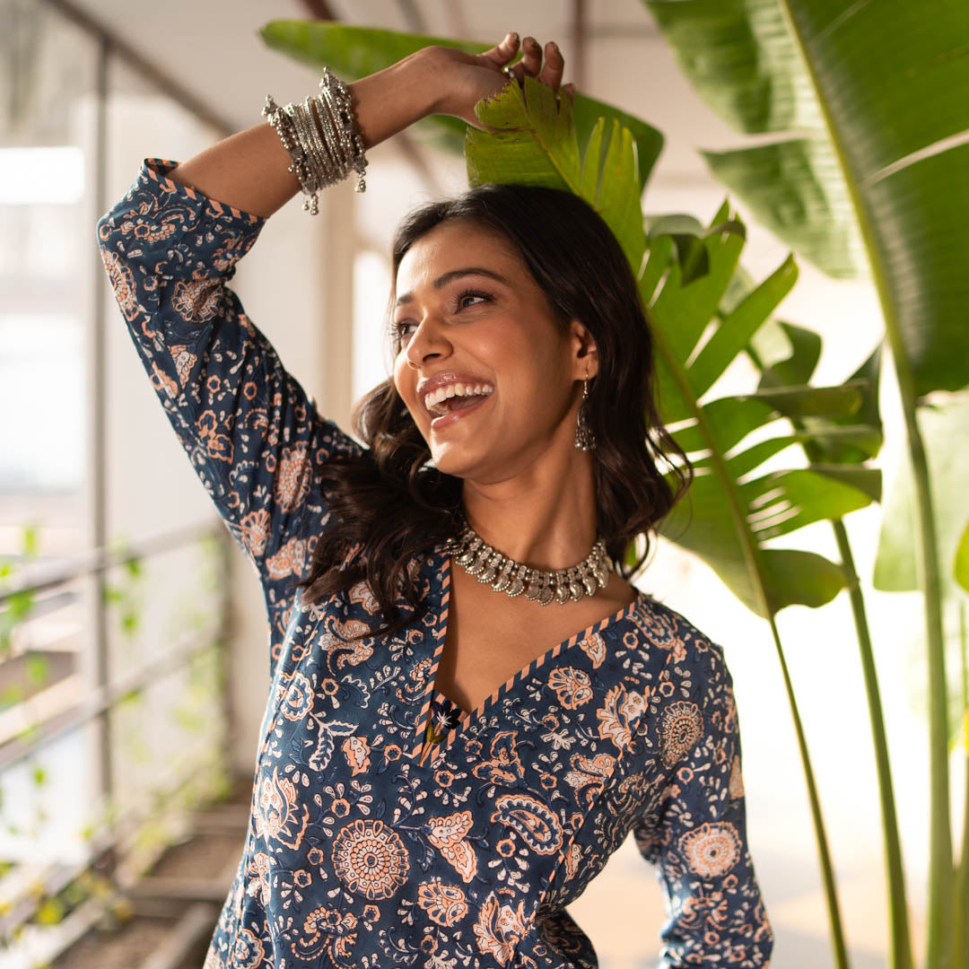 Blue Block Printed Anarkali Kurta With Hand Embroidery Details