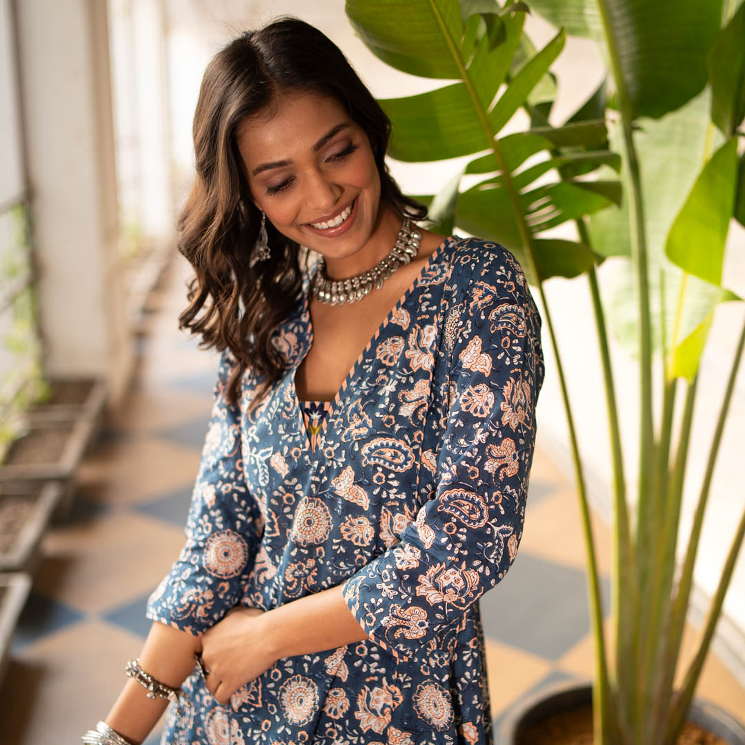 Blue Block Printed Anarkali Kurta With Hand Embroidery Details