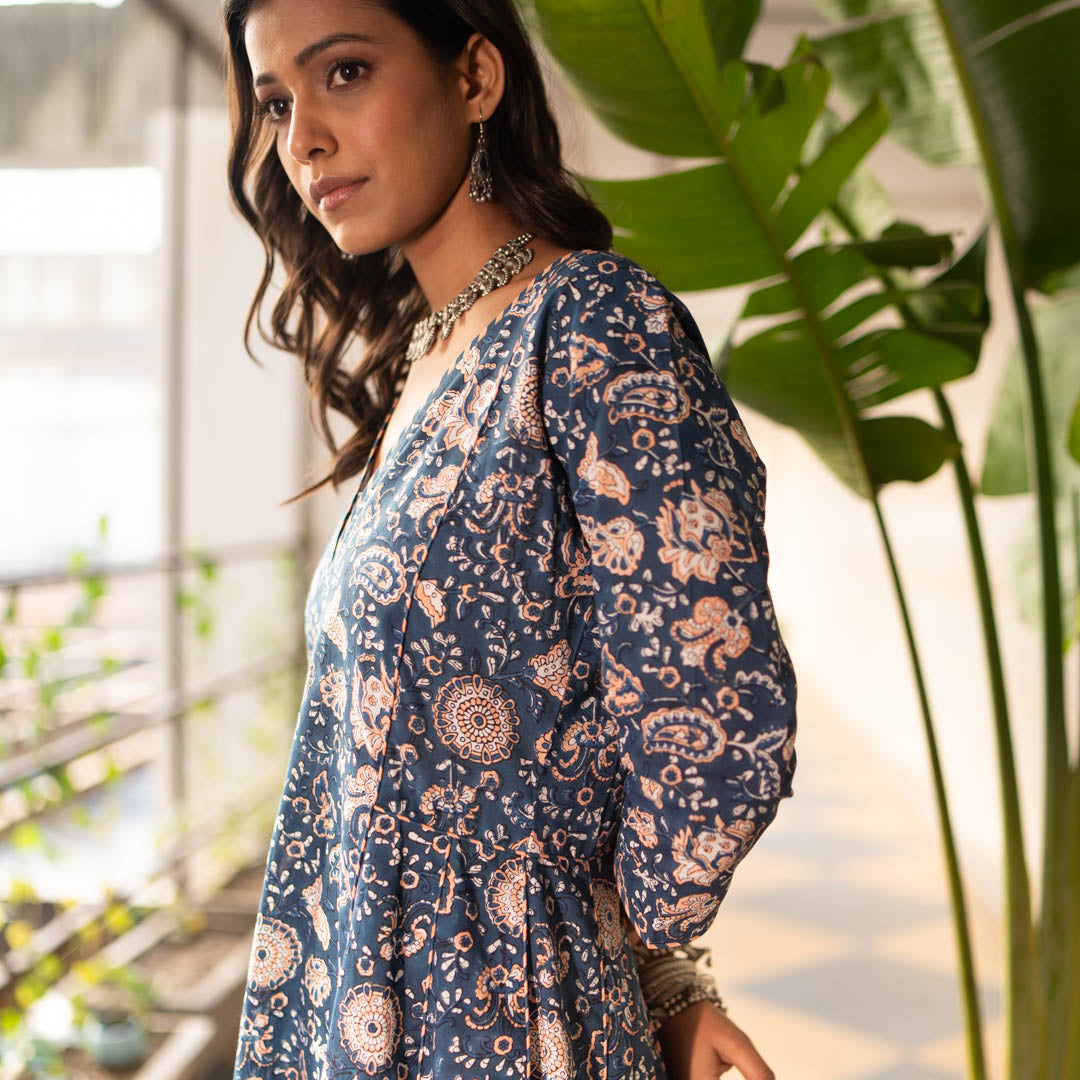 Blue Block Printed Anarkali Kurta With Hand Embroidery Details