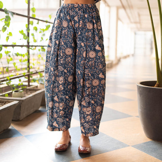 Blue Block Printed Gathered Trousers