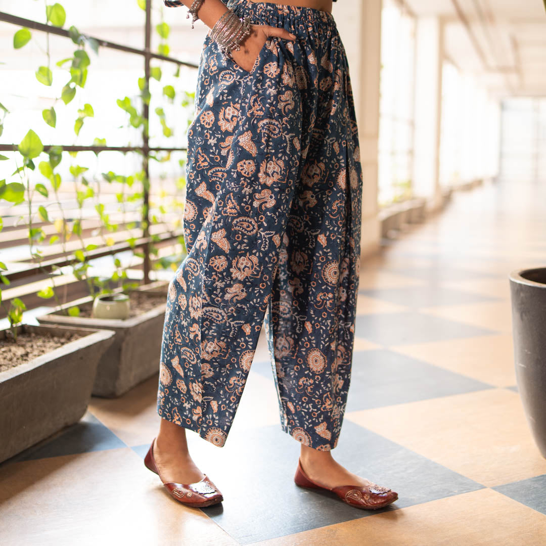 Blue Block Printed Gathered Trousers